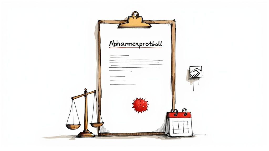 Ein Abnahmeprotokoll auf einem Klemmbrett, umgeben von Justitia-Waage, Kalender, Handschlag-Symbol und einem Virus-Symbol.