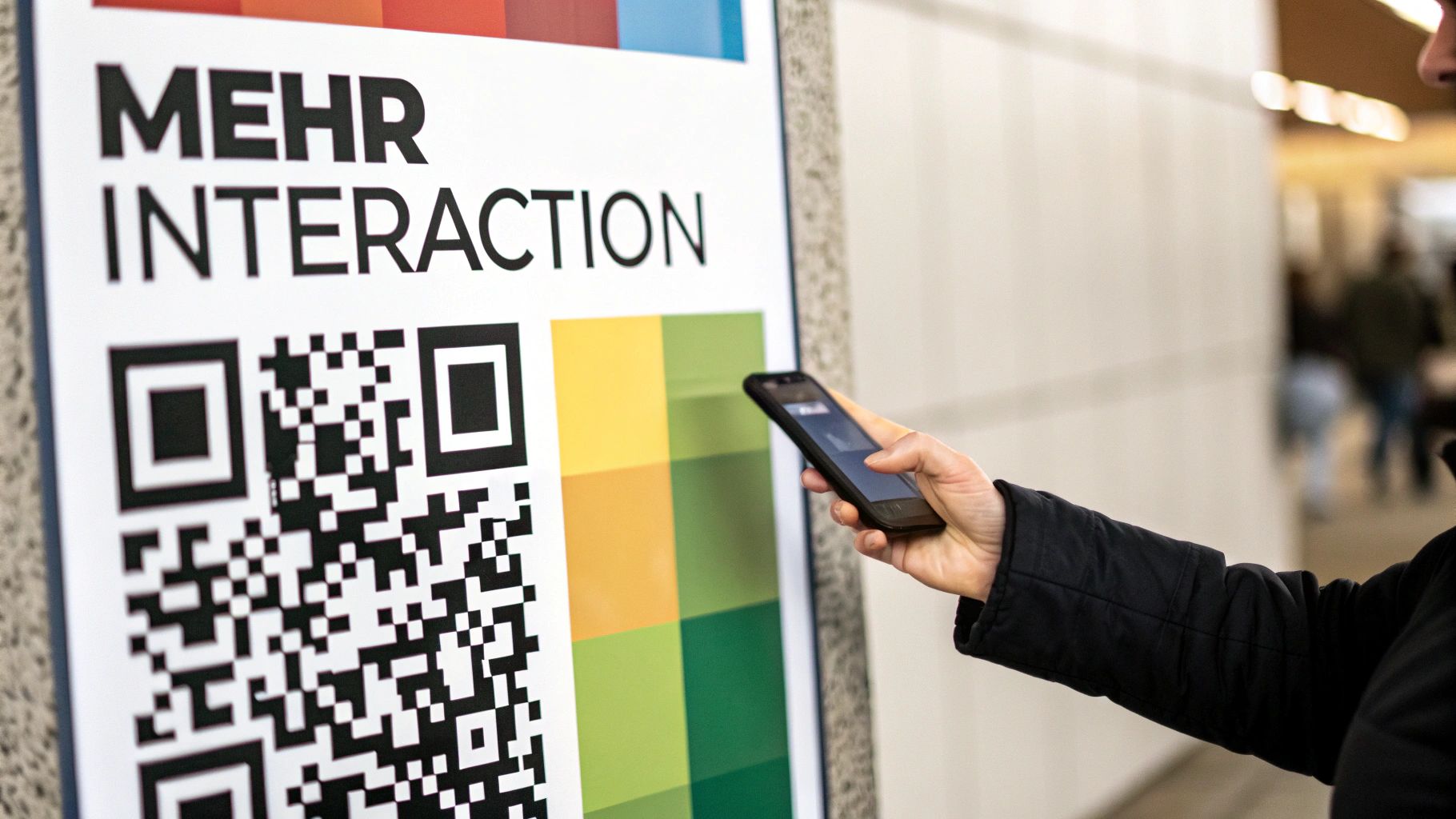 Ein ansprechend gestalteter QR-Code, der auf einem Tischaufsteller in einem Café platziert ist