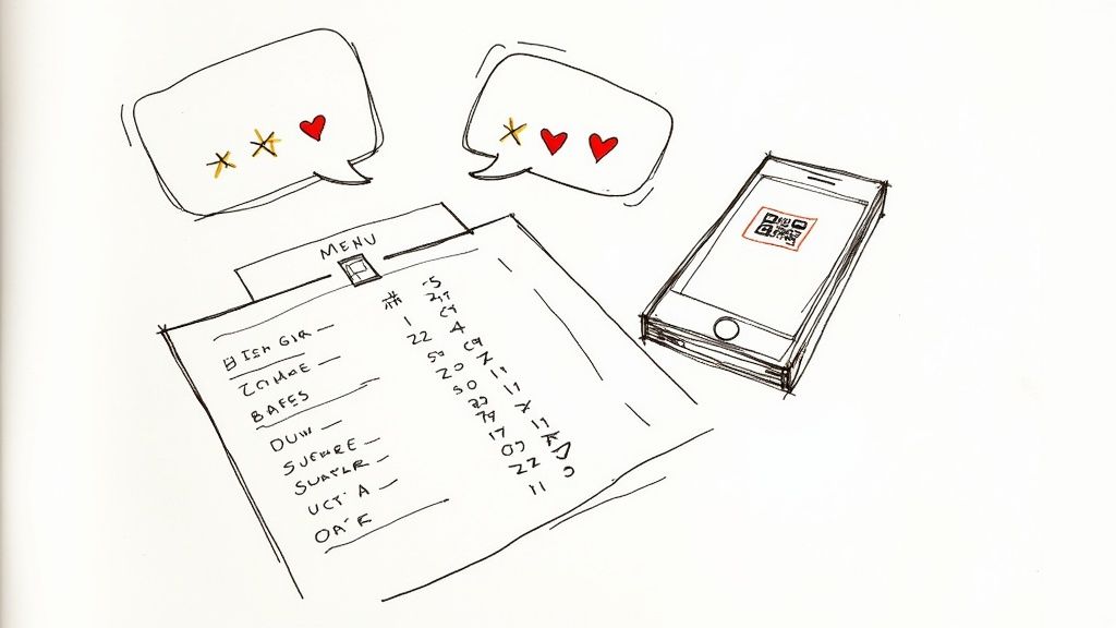 Eine Person scannt einen QR-Code auf einem Tisch in einem Café, um an einer Umfrage teilzunehmen.