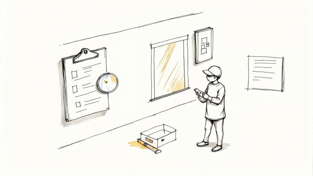 Eine Person inspiziert eine Wand mit einem Messgerät