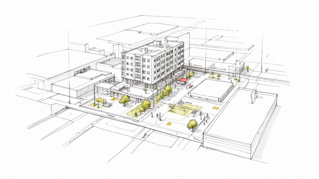 Architektonische Skizze eines modernen Wohnkomplexes mit Grünflächen und Fußgängerzonen in einer Stadtansicht.