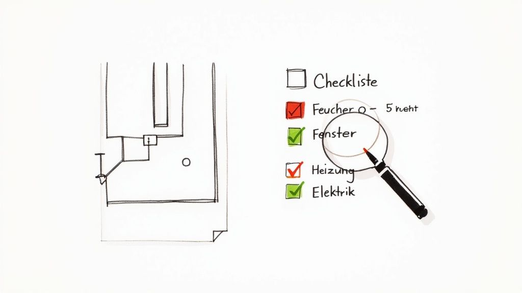 Übersicht einer Checkliste für eine Eigentumswohnung mit Plan und Bewertung von Feuchtigkeit, Fenstern, Heizung und Elektrik.