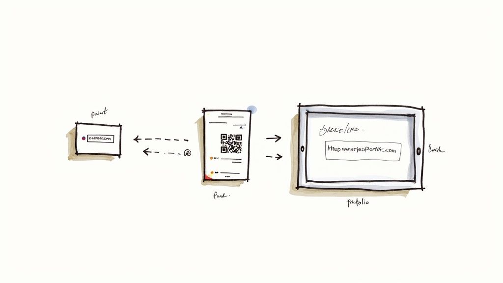 Eine Collage aus Visitenkarten, QR-Codes auf Flyern und digitalen Produkt-Downloads, die durch Kurzlinks verbunden sind.