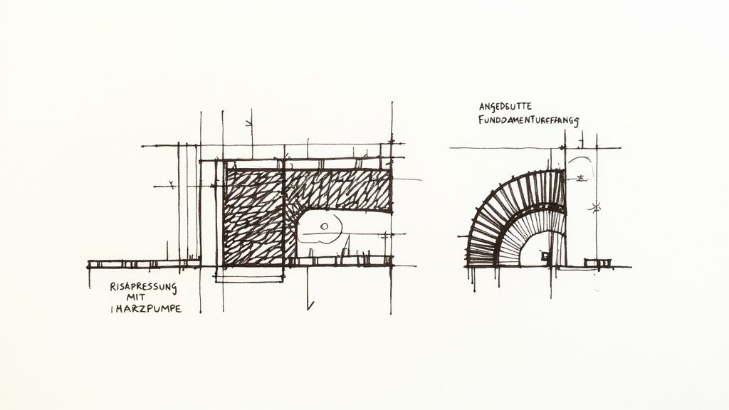 Zwei technische Skizzen zu Baukonstruktionen: Eine zeigt Harzpressung mit Pumpe, die andere eine angedeutete Fundamentkonstruktion.