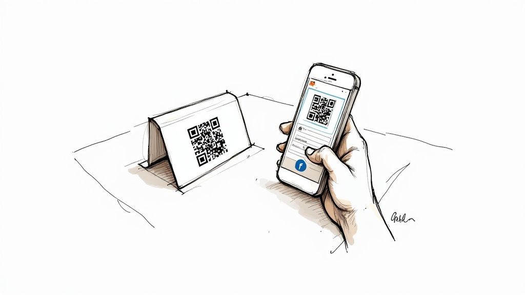 Hand hält Smartphone und scannt QR-Code von aufgestellter Karte auf Tisch