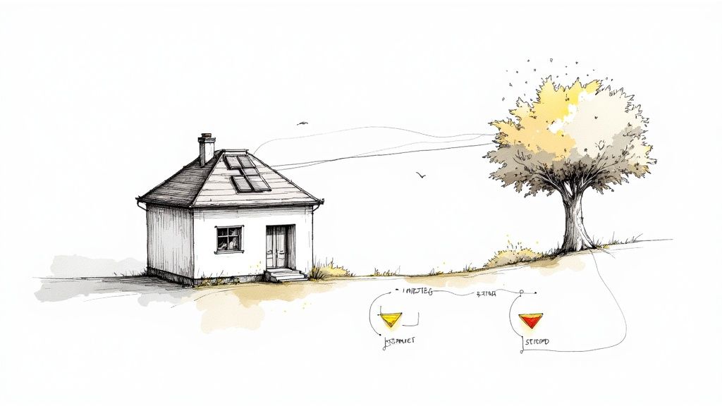 Detailreiche Zeichnung eines Hauses mit Solaranlagen und Baum, die Energiefluss und Nachhaltigkeit darstellen.