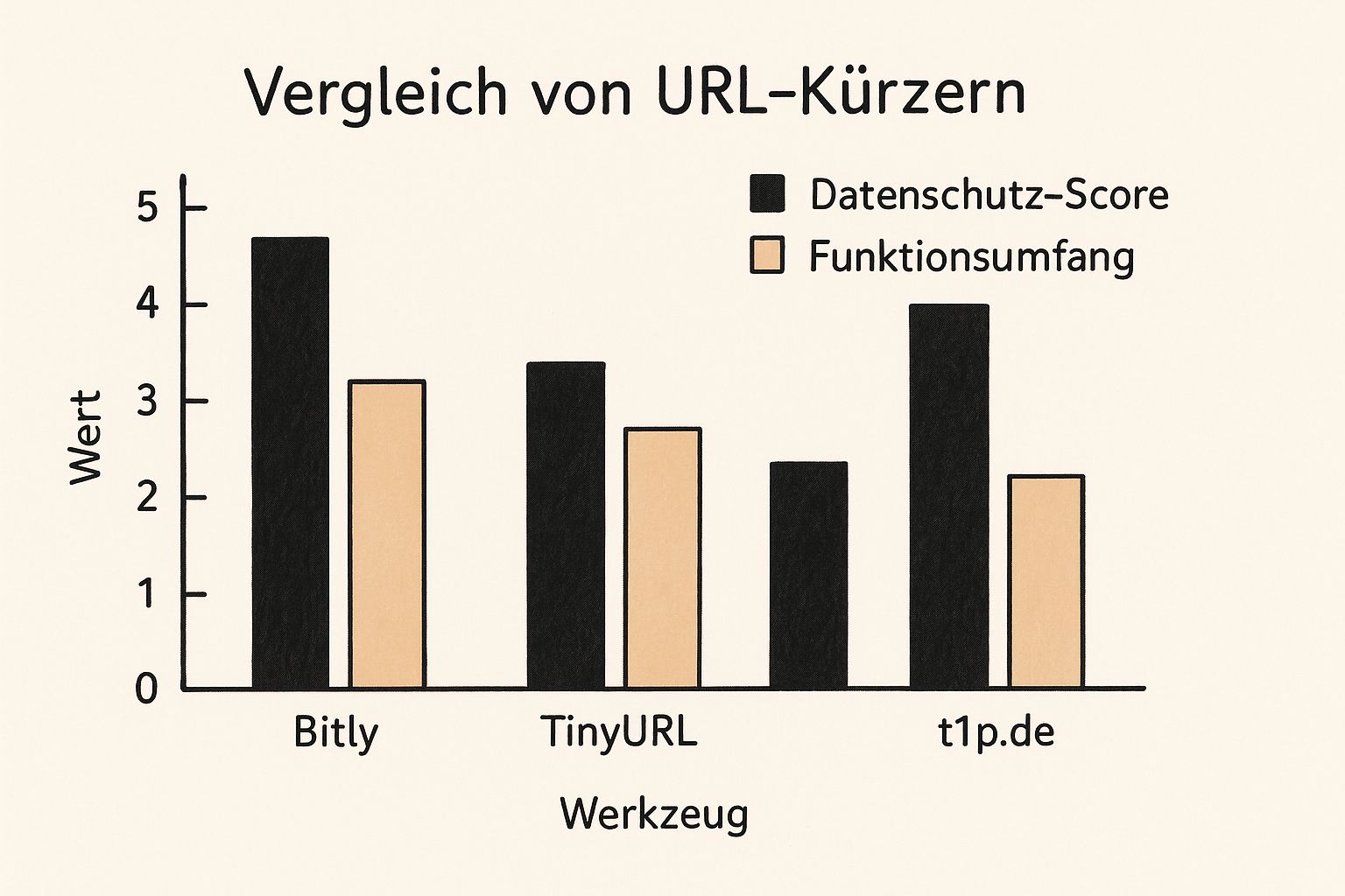 Infografik, die den Funktionsumfang und Datenschutz-Score von Bitly, TinyURL und t1p.de vergleicht.