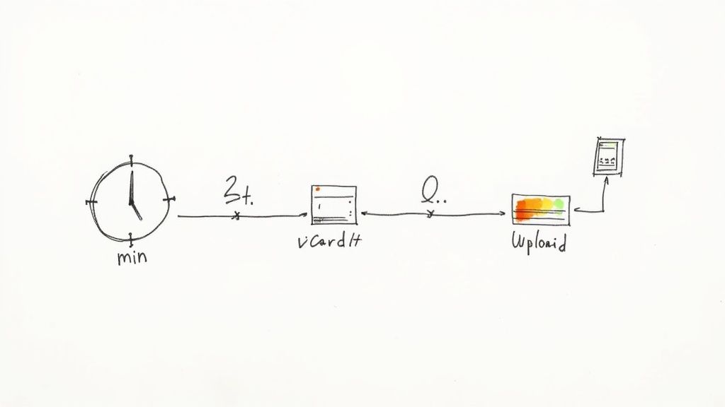 Flussdiagramm zeigt den Prozess der Erstellung einer vCard, den Upload und die Generierung eines QR-Codes auf einem Smartphone.