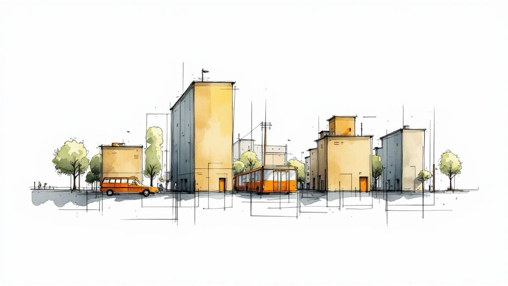 Eine Aquarellskizze einer modernen Stadtlandschaft mit Gebäuden, Bäumen, einem Auto und einem Bus.