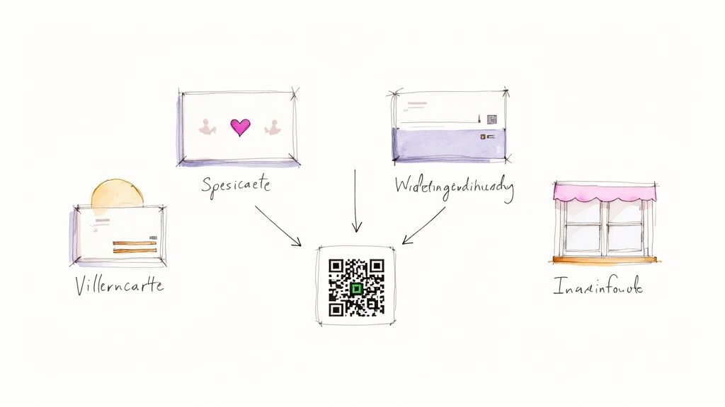 Eine Skizze visualisiert, wie verschiedene Eingaben wie Karten und ein Fenster zu einem zentralen QR-Code führen.