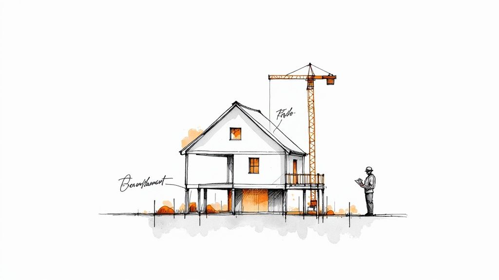 Skizze eines Hausbaus mit Kran und Bauarbeiter, der Baupläne überprüft.