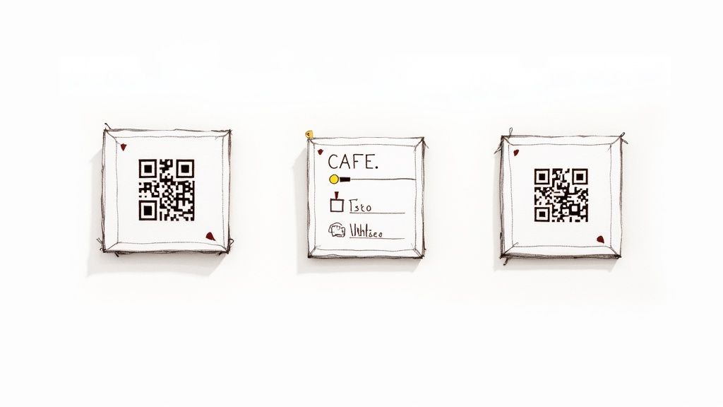 Eine Person scannt einen QR-Code auf einem Restauranttisch, um die digitale Speisekarte aufzurufen.