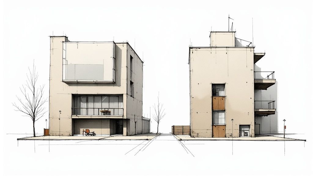 Architektonische Skizze von zwei modernen Gebäuden mit kahlen Bäumen und einer Straße dazwischen im minimalistischen Stil.