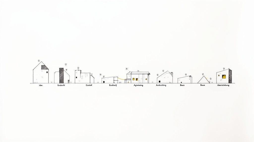 Architektonische Skizze verschiedener Haustypen entlang einer Route durch mehrere Orte in Deutschland