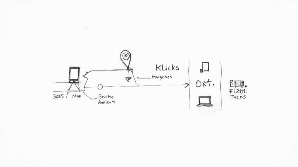 Eine Grafik, die ein Dashboard mit Analysedaten wie Klicks, geografischer Herkunft und Gerätenutzung zeigt.