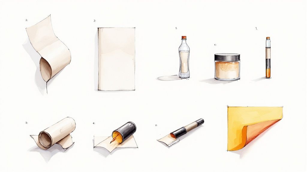 Detaillierte Zeichnungen von Papierformen, einer Flasche, einem Glas und Stiften auf weißem Hintergrund.