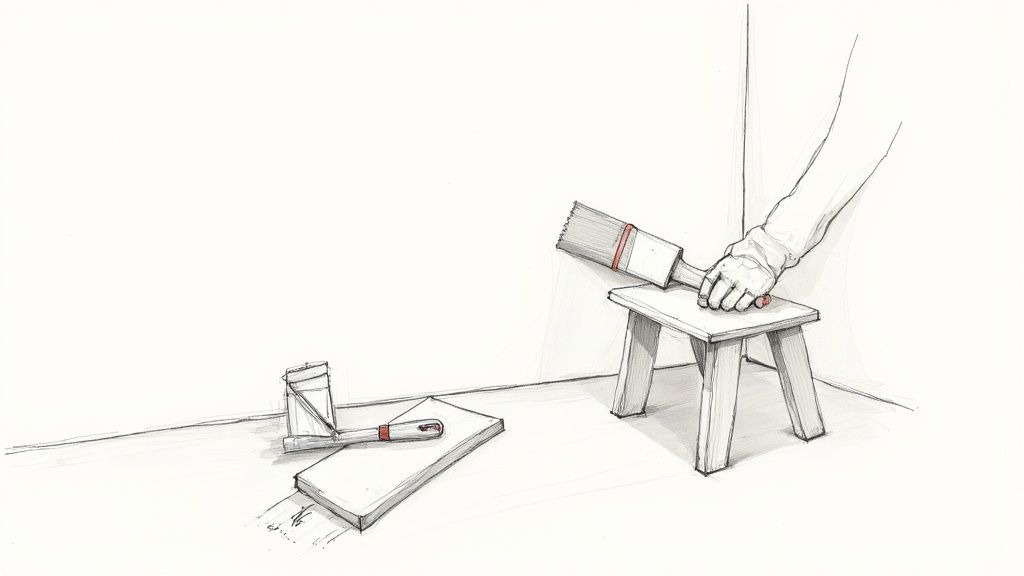 Detail einer Zeichnung: Eine Hand hält einen Pinsel über einem kleinen Hocker, Malutensilien am Boden.