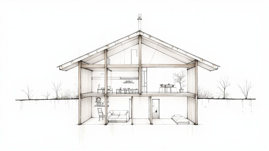 Architektonischer Querschnitt eines zweistöckigen Hauses mit detaillierter Innenraumplanung und Dachkonstruktion