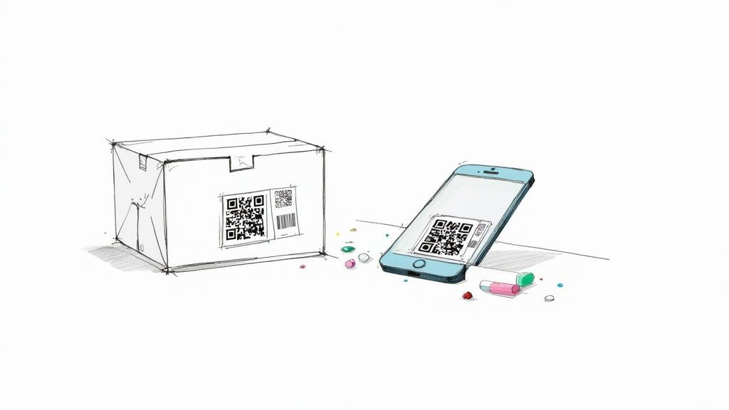 Ein QR-Code wird von einem Smartphone gescannt, was die Verbindung zwischen physischen und digitalen Inhalten symbolisiert.
