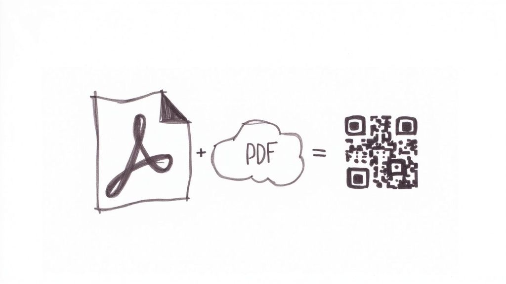 Handgezeichnete Darstellung der Umwandlung eines PDF-Dokuments in einen QR-Code zur einfachen Freigabe.