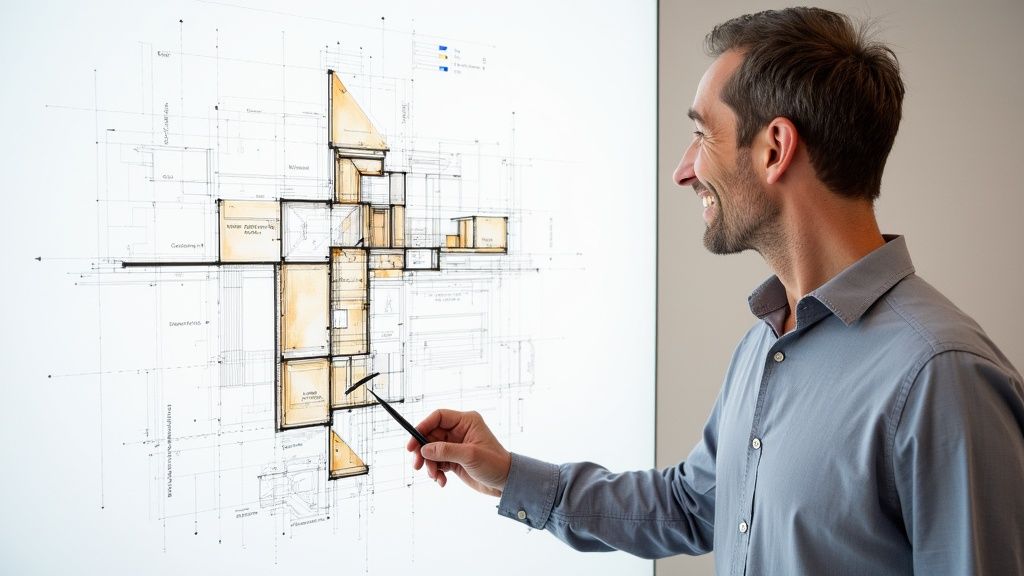 Ein Bausachverständiger prüft Unterlagen und Pläne an einem Schreibtisch.