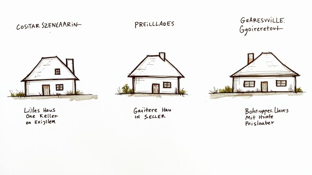 Eine Illustration zeigt drei verschiedene traditionelle Häuser, die unterschiedliche architektonische Stile repräsentieren und auf die Vielfalt von Bauvorhaben hinweisen.
