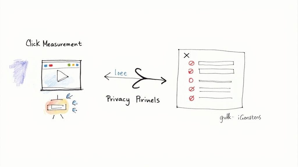 Diagramm zur Klickmessung und Datenschutzprinzipien mit Browserfenster, Messgerät und Checkliste.