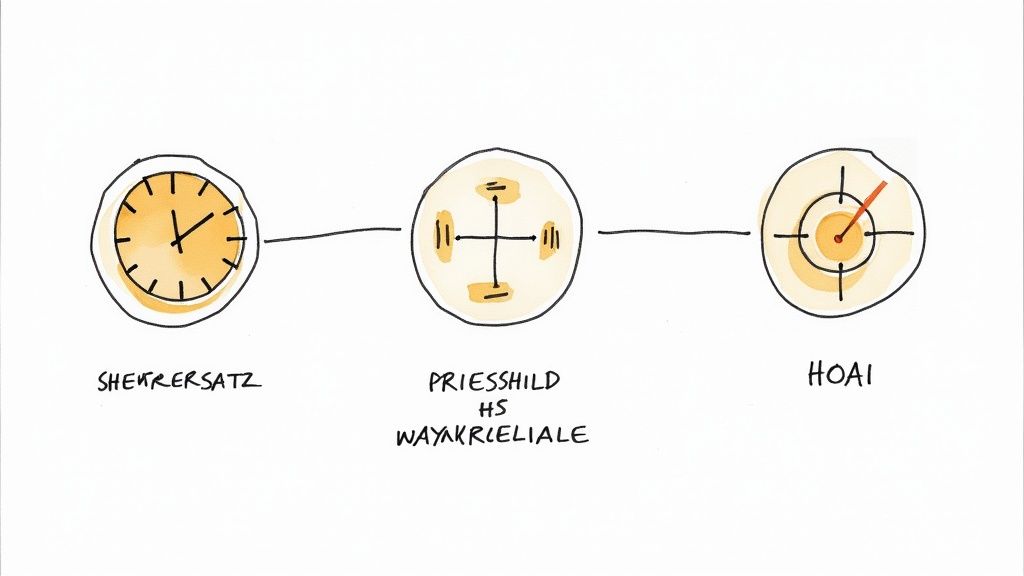 Handgezeichnete Skizze mit drei verbundenen Kreisen: eine Uhr, ein Kreuzsymbol und ein Zielsymbol.