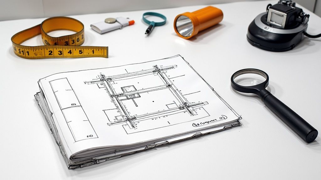 Eine Person notiert sich Details auf einem Klemmbrett vor einer Baustelle.