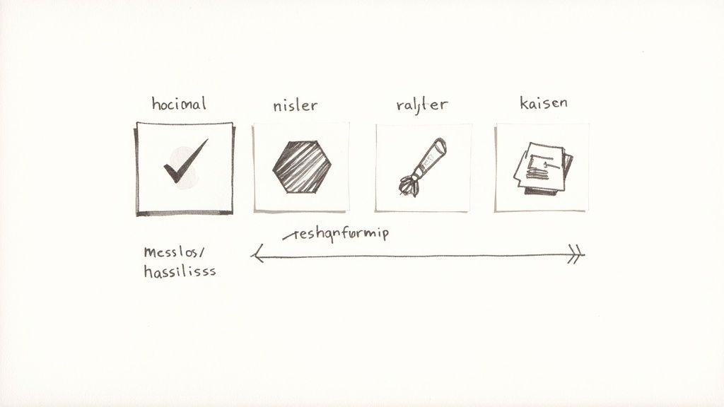 Vier handgezeichnete Quadrate mit Symbolen und Beschriftungen, darunter ein Häkchen, ein Hexagon und Dokumente, geordnet auf einer weißen Oberfläche.