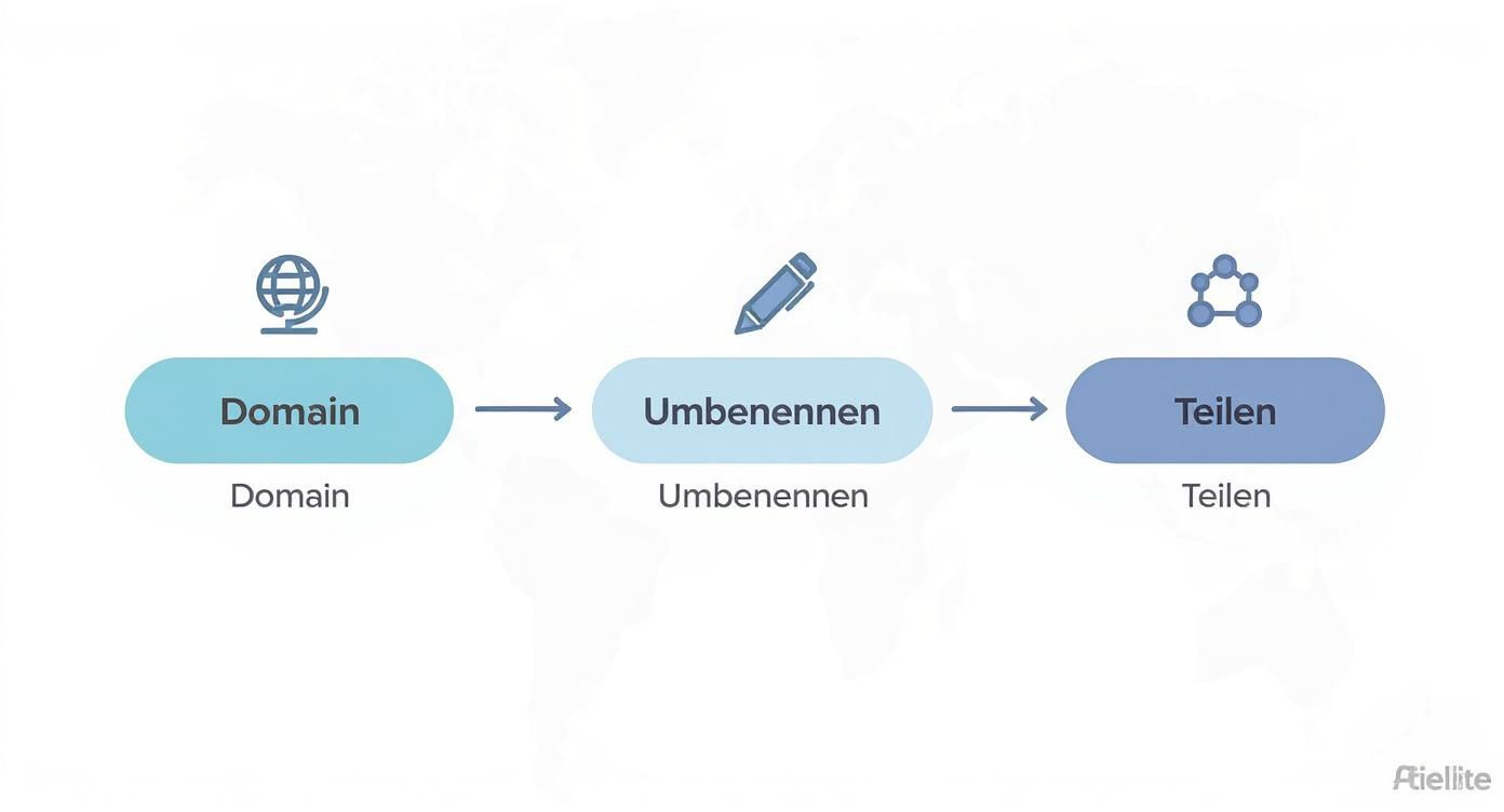 Infografik, die den Prozess von der eigenen Domain über das Umbenennen bis zum Teilen eines Marken-Links darstellt.