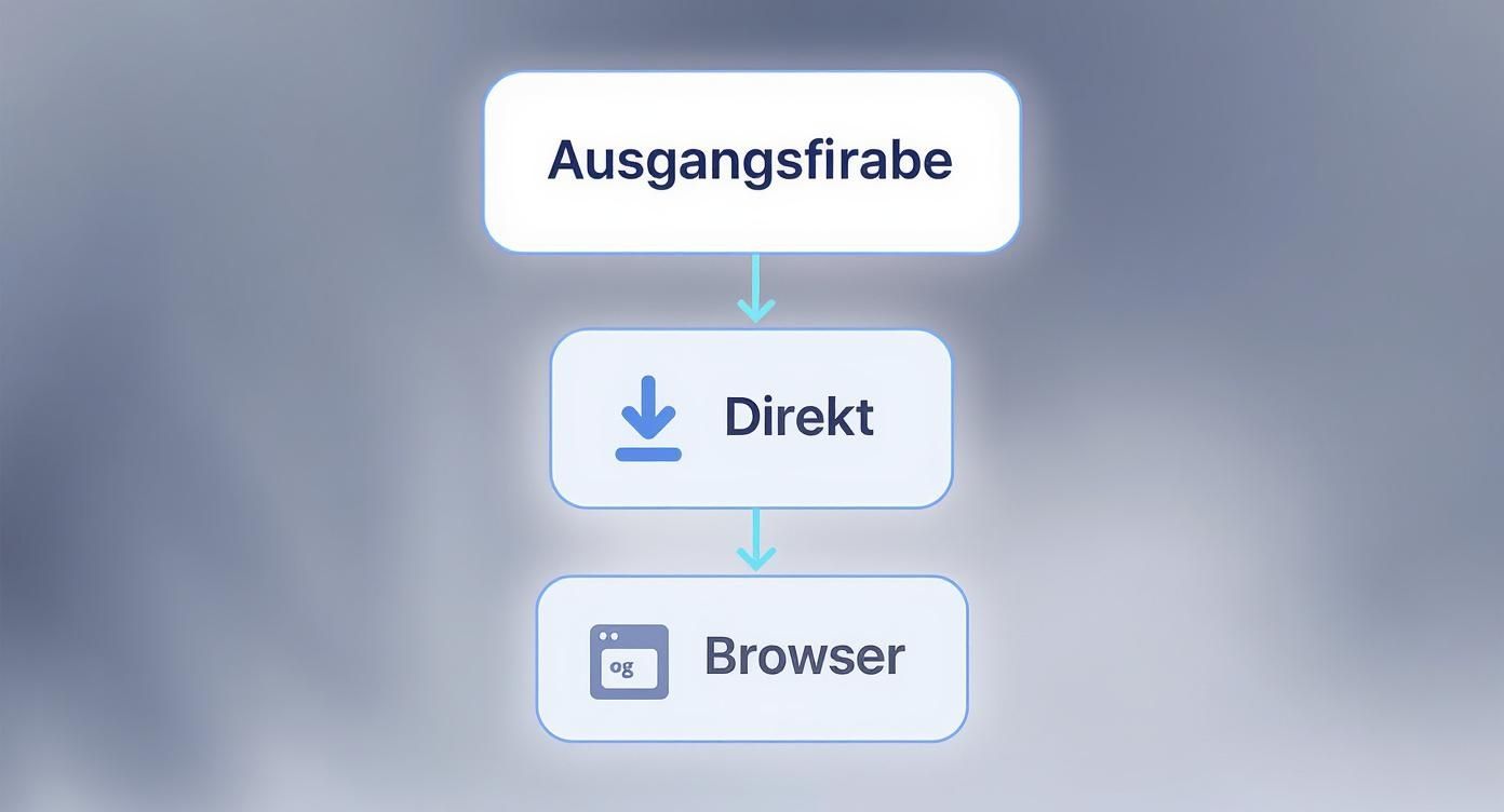 Flussdiagramm zeigt drei Schritte: Ausgangsfirabe, Direkt (Download-Symbol) und Browser (Browser-Symbol).
