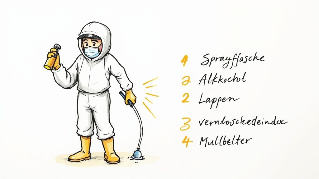 Eine Person mit Schutzhandschuhen reinigt eine kleine, von Schimmel befallene Stelle an einer Wand.