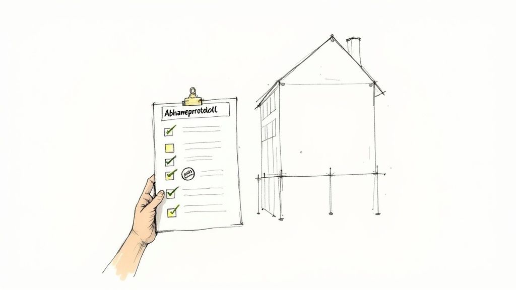 Hand hält Abnahmeprotokoll-Checkliste mit grünen Haken, einem gelben Quadrat und Mängel-Stempel neben einer Hauszeichnung.