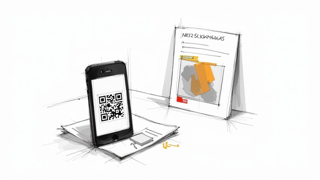Eine Person hält ein Smartphone und scannt einen QR-Code auf einem Menü in einem Café.