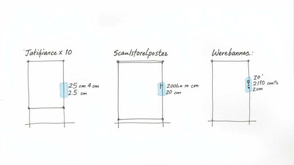 Drei Diagramme zeigen empfohlene QR-Code-Größen und Platzierungen für Visitenkarten, Poster und Werbebanner.