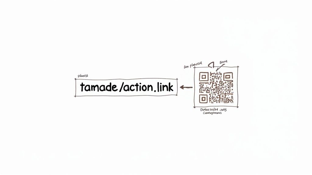 Diagramm zeigt tamade/action.link URL mit Pfeil zu QR-Code für Linkgenerierung und Kurzlinks