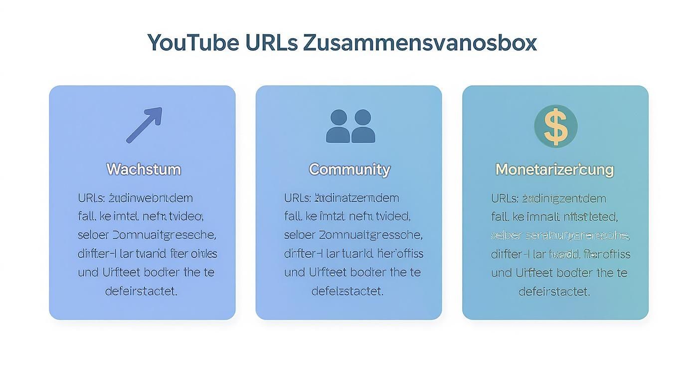 Drei blaue Infokarten mit Icons und Text zu YouTube URLs für Wachstum, Community und Monetarisierung.