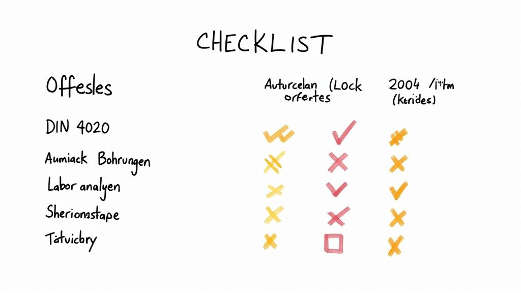 Eine Checkliste auf einem Klemmbrett zeigt verschiedene Prüfkriterien und Angebote, um die Auswahl eines Baugrundgutachtens nach DIN 4020 Standard zu verdeutlichen.