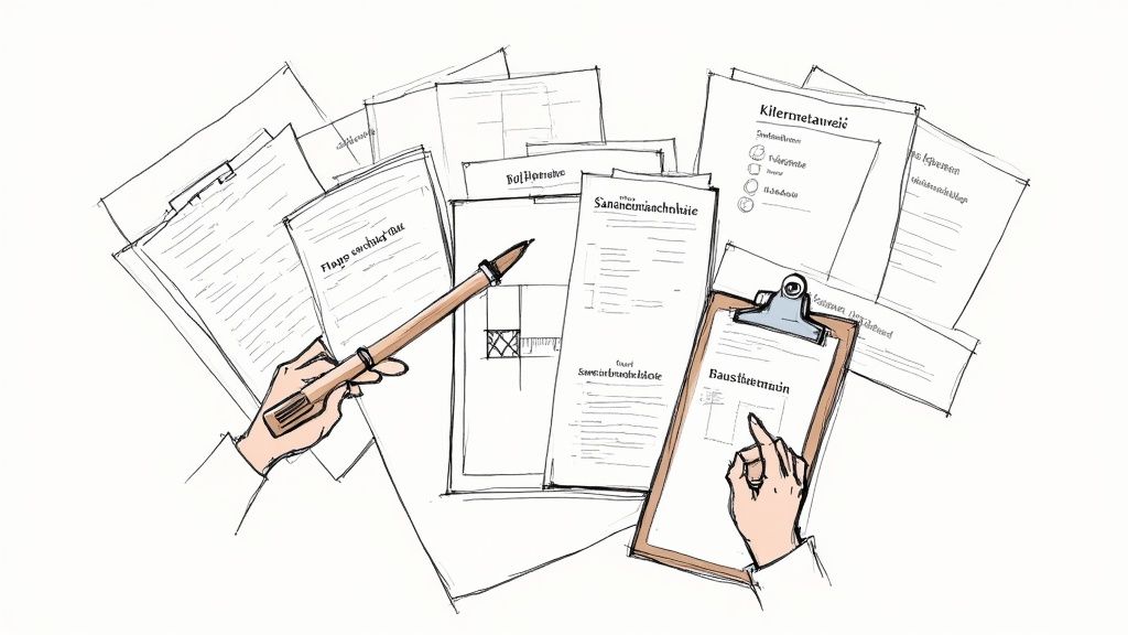 Hände prüfen Baupläne und Dokumente, um eine gründliche Bewertung zu gewährleisten.