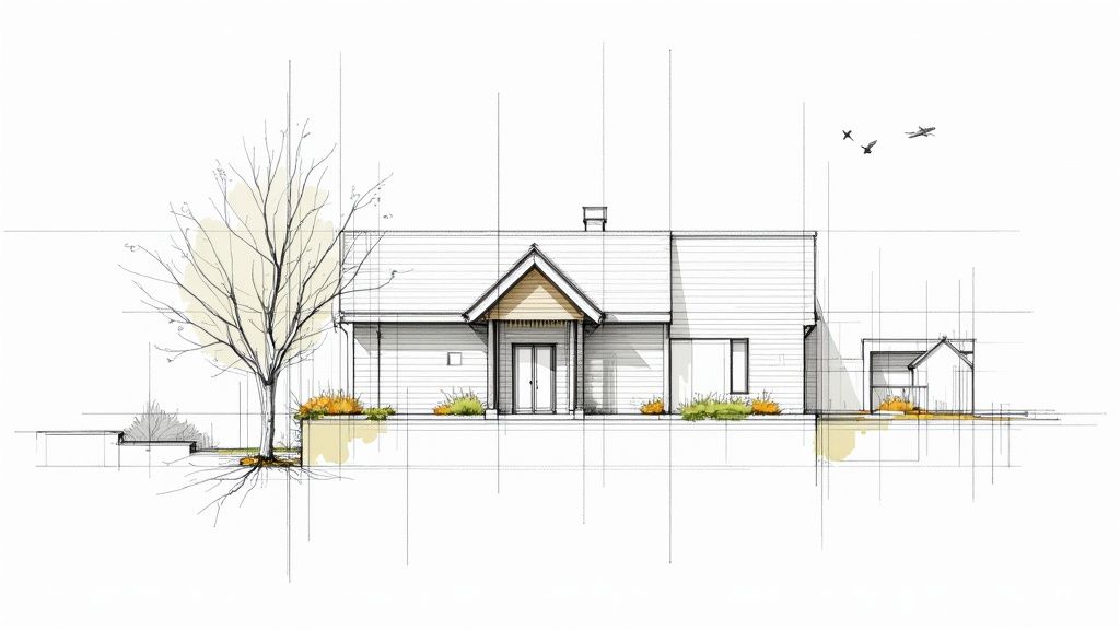 Architektonische Skizze eines modernen Hauses mit Baum und Pflanzen, in Strichzeichnung und Aquarelltechnik.