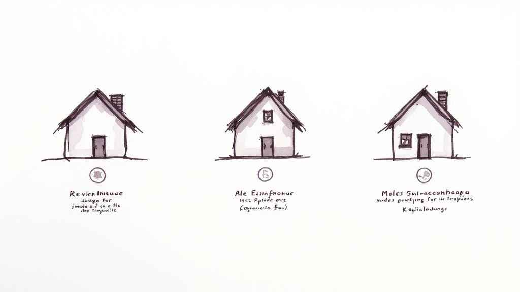 Drei handgezeichnete Häuser mit unterschiedlichen Merkmalen und Beschriftungen, nebeneinander dargestellt.
