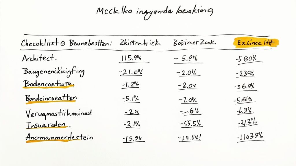 Ein Notizbuch mit einer Checkliste und einem Stift, um die sorgfältige Planung der Baunebenkosten zu symbolisieren.