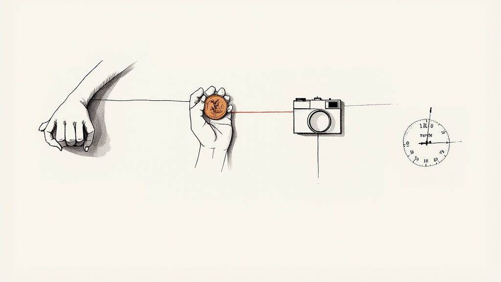 Illustration von Händen, die eine Münze mit einer Schnur halten, verbunden mit einer Kamera und einer Uhr, die Zeit darstellt.
