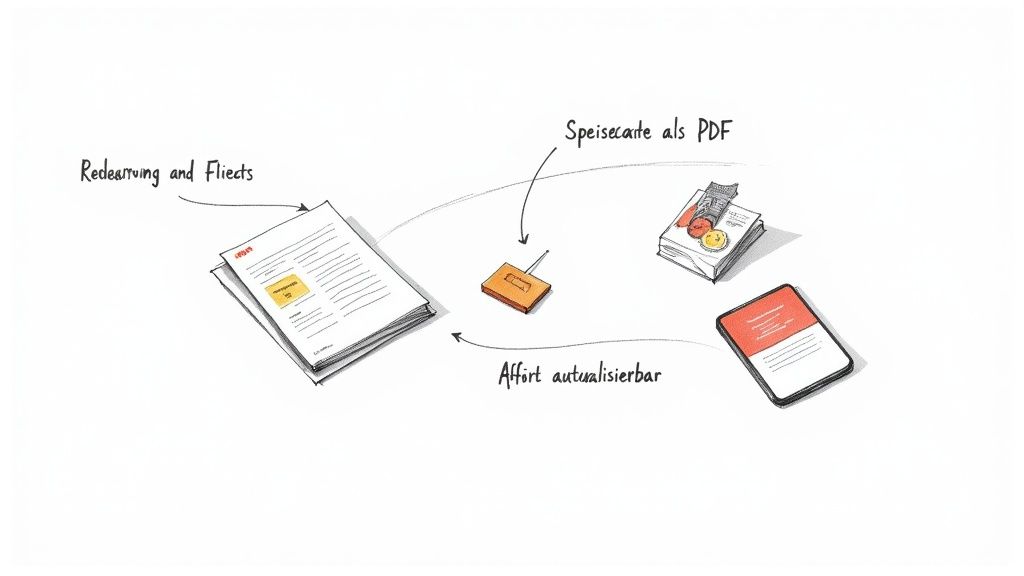 Illustration zeigt, wie ein QR-Code eine Speisekarte als PDF auf einem Smartphone bereitstellt und aktualisiert wird.