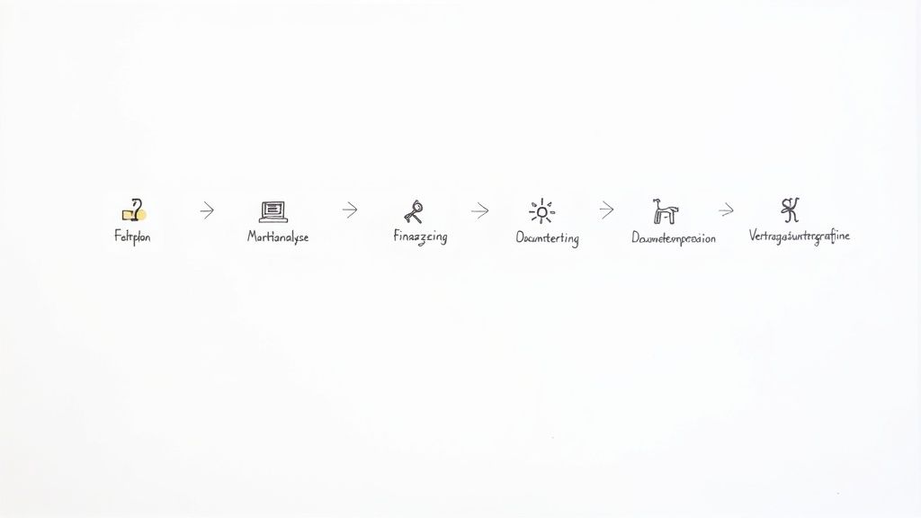 Grafische Darstellung eines Prozessablaufs mit Schritten wie Fahrplan, Marktanalyse, Finanzierung und Dokumentation.