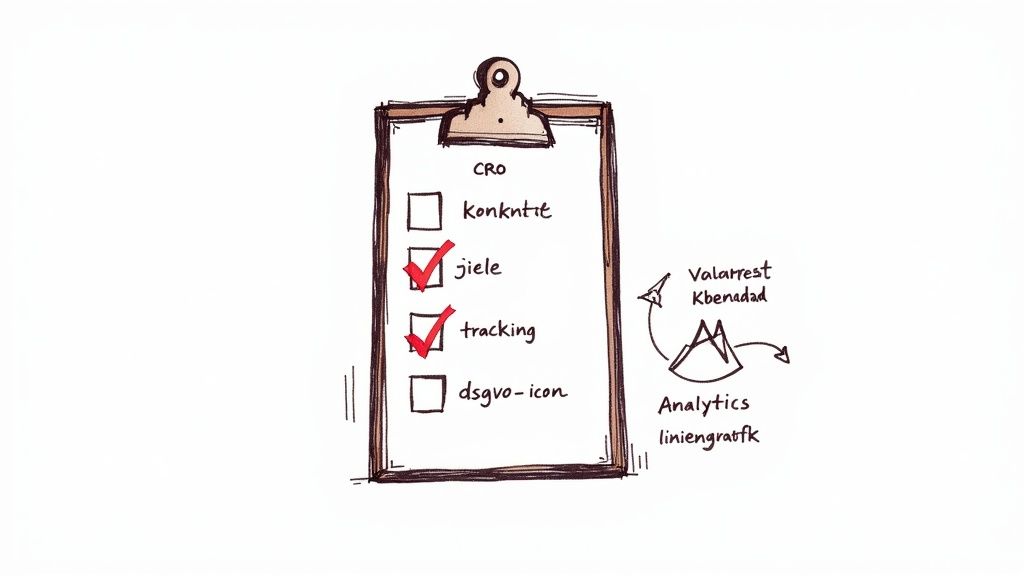 Handgezeichnete CRO-Checkliste auf einem Klemmbrett mit markierten Punkten wie Ziele und Tracking, daneben ein Diagramm für Analytics.