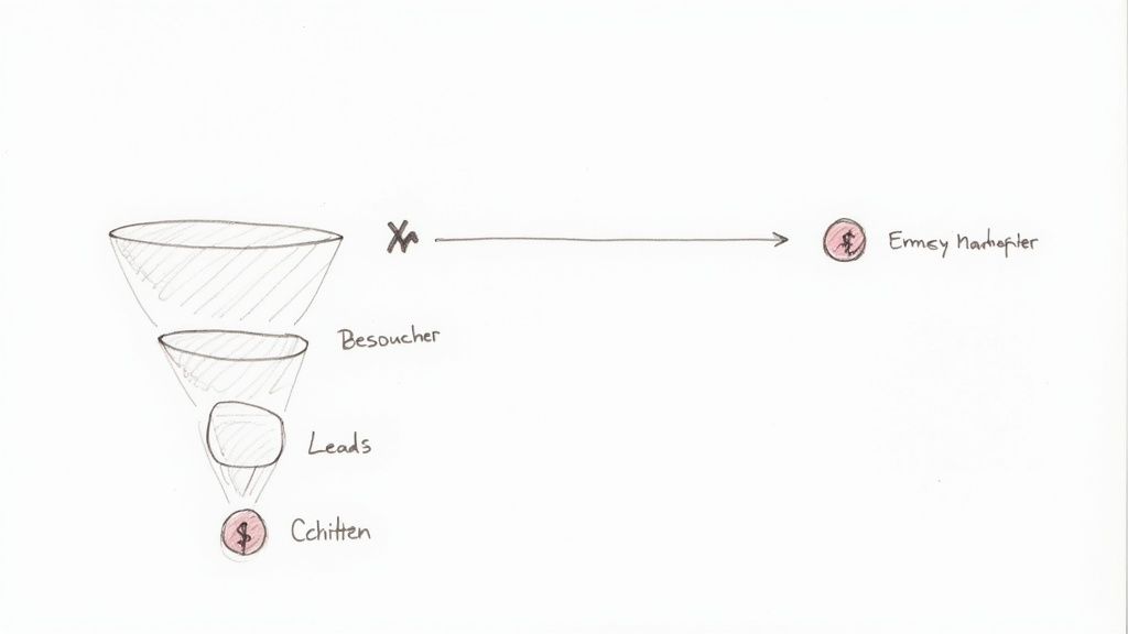 Ein handgezeichnetes Verkaufstrichterdiagramm, das Besucher, Leads und die finale Konversion darstellt, mit Erfolgspfeil.