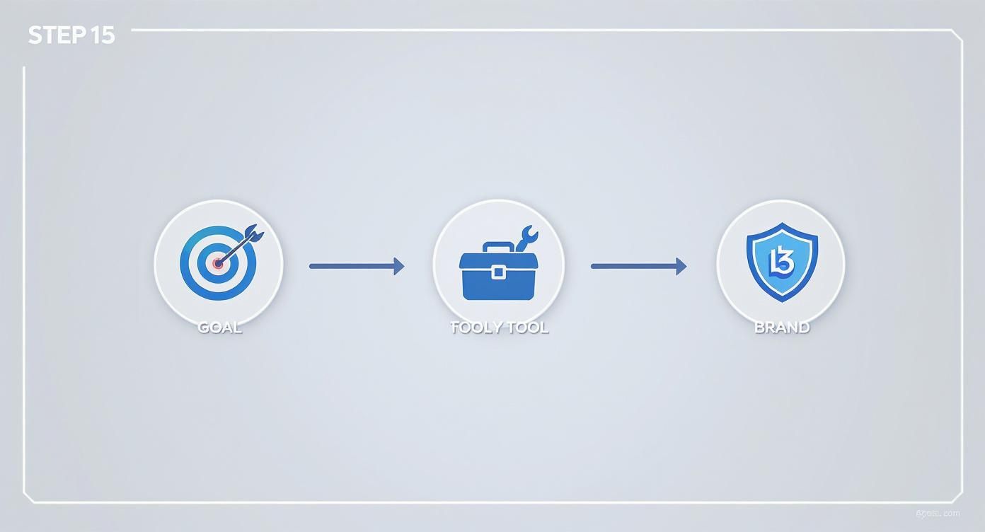 Infografik, die den dreistufigen Prozess der Link-Erstellung zeigt: Ziel definieren, Werkzeug wählen und Marke stärken.
