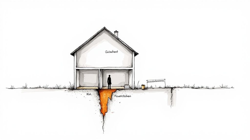 Schnittbild eines Hauses mit Riss und Feuchtigkeit im Fundament. Symbolisiert Bauschäden.